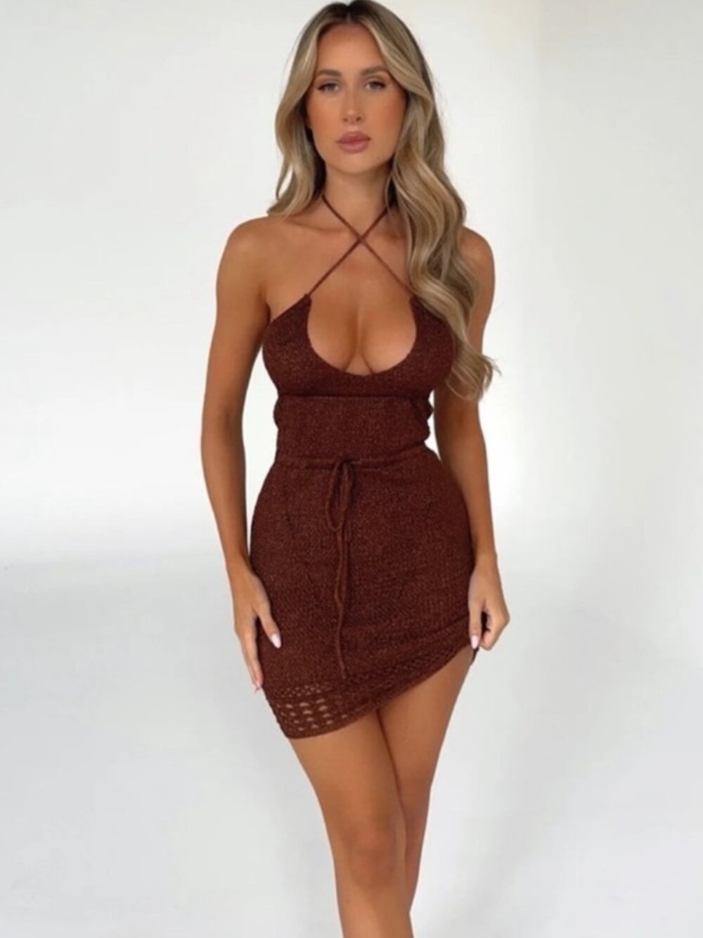 Outcast Dress Braylee Mini Dress Crochet Knit  Halter Brown Gold size Large